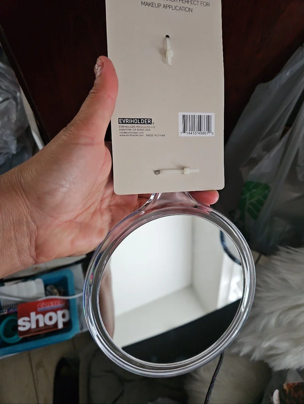 Dual-Sided Handheld Makeup Mirror 1X / 2X Magnification Clear Acrylic Handle